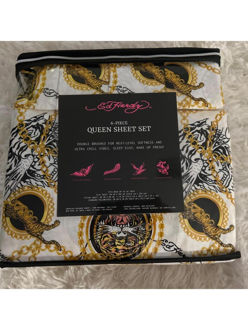 Ed Hardy White, black, Gold  Sheet Set QUEEN Tigers  Chains w/4 Pillowcases NEW! - Picture 4 of 9